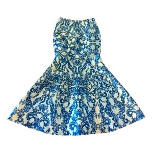 Speechless Satin Maxi Trumpet Skirt Blue/White Scroll Pattern Sz L